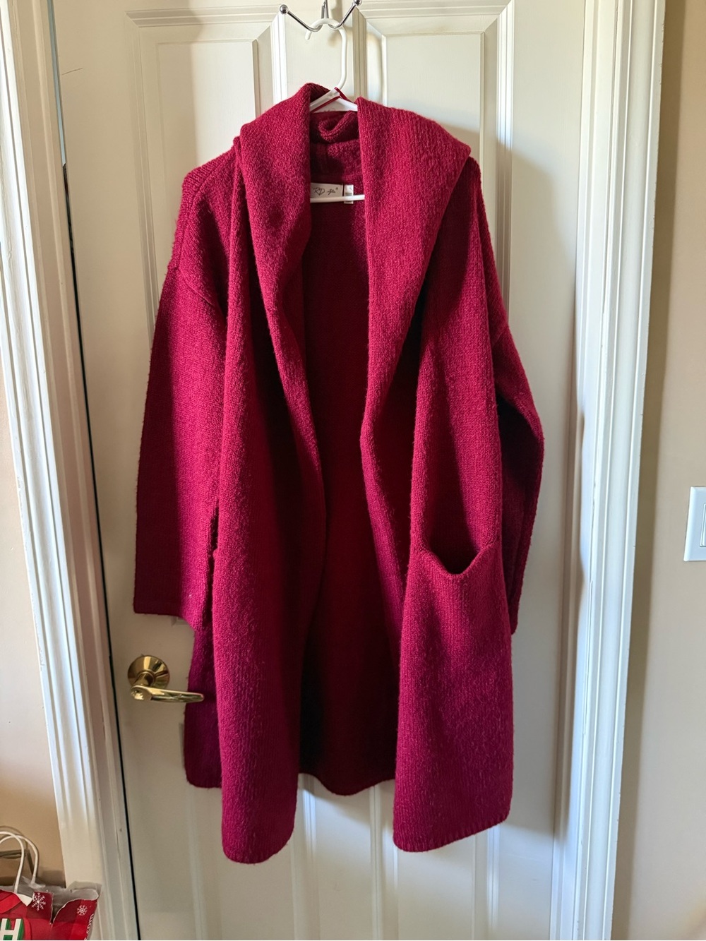 RD Style Hooded Open-Front Coatigan in Berry Red